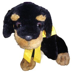 Rottweiler Realistic Puppy Stuffed Animal Yellow Bow Rotty Dog Plush Animal Toy
